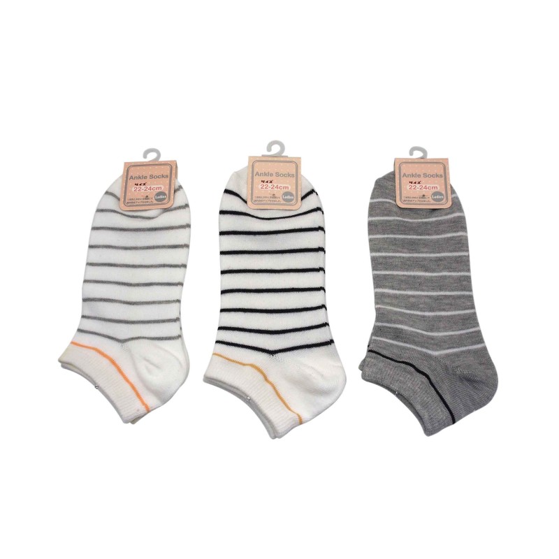 Ladies Ankle Socks Monotone Stripes 22-24cm